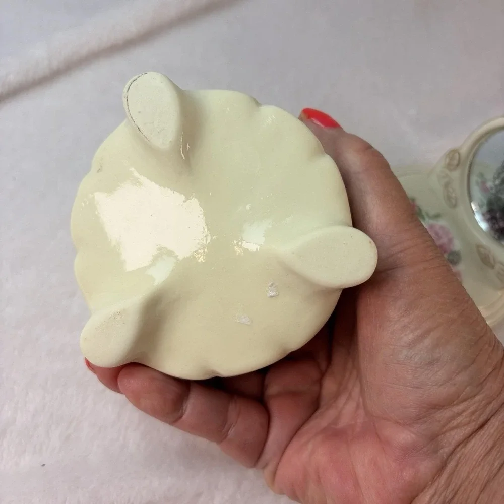 Vtg Porcelain Jewelry Trinket Box Floral Roses‎ Dresser Real Round Mirror Vanity